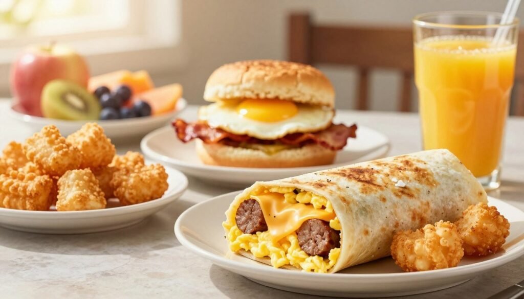 A vibrant tabletop scene showcasing an array of Sonic breakfast combos. In the foreground, an inviting spread featuring a classic breakfast burrito filled with fluffy scrambled eggs, melted cheese, and savory sausage, alongside crispy tater tots and a refreshing orange juice cup. The middle ground includes a delightful Sonic breakfast sandwich, layered with a fluffy biscuit, sunny-side-up egg, and a slice of bacon. A side of fresh fruit adds a pop of color. In the background, soft morning sunlight streams in, casting a warm glow over the scene, enhancing the appetizing textures and colors of the food. The atmosphere is cheerful and inviting, perfect for a delicious breakfast that fuels the day ahead.