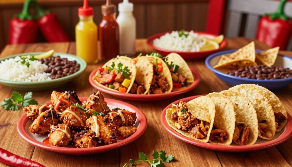 A visually appealing overhead view of a Chili's family meal deal, showcasing a variety of dishes that reflect the 3 for Me Menu. In the foreground, include vibrant plates filled with savory chicken fajitas, crispy tortillas, and sides of rice and beans. The middle section features an inviting wooden table, garnished with fresh herbs and colorful condiments. In the background, softly blurred chili pepper decorations and warm lighting create a cozy, inviting atmosphere reminiscent of a chili-themed restaurant. Use a shallow depth of field to focus on the meal, emphasizing its deliciousness while conveying a family-friendly, enjoyable dining experience. The mood should feel fun and friendly, inviting viewers to savor the value and variety of the meal deals.