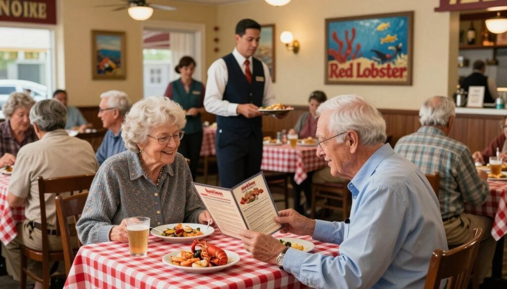 A warm and inviting interior of a Red Lobster restaurant showcasing a senior dining area. In the foreground, an elderly couple enjoys a meal at a cozy table adorned with a classic checkered tablecloth. The couple, dressed in modest casual attire, smiles as they peruse a senior discount menu featuring appetizing seafood options like shrimp and lobster priced attractively. In the middle ground, waitstaff wearing professional uniforms bustle about, serving meals and ensuring guests are satisfied. The background features the iconic Red Lobster décor with marine-themed artwork and soft lighting that enhances the welcoming atmosphere. The scene captures a sense of community and warmth, emphasizing the restaurant's dedication to providing value and comfort for senior diners. The angle is slightly elevated, capturing both the couple and the restaurant's charming ambiance in detail.